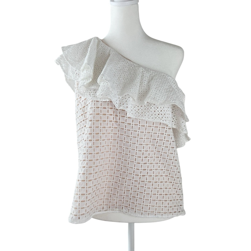 J CREW White Cotton‎ Eyelet Asymmetrical One Shoulder Ruffle Top Size 8 Lined